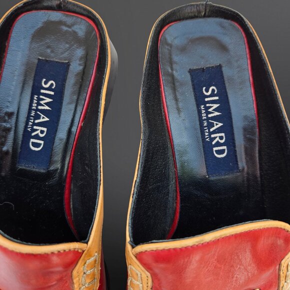 Vintage Simard Red Slip On Loafers Mules Size 38 US 7.5 Leather Square Toe Italy - Picture 4 of 11